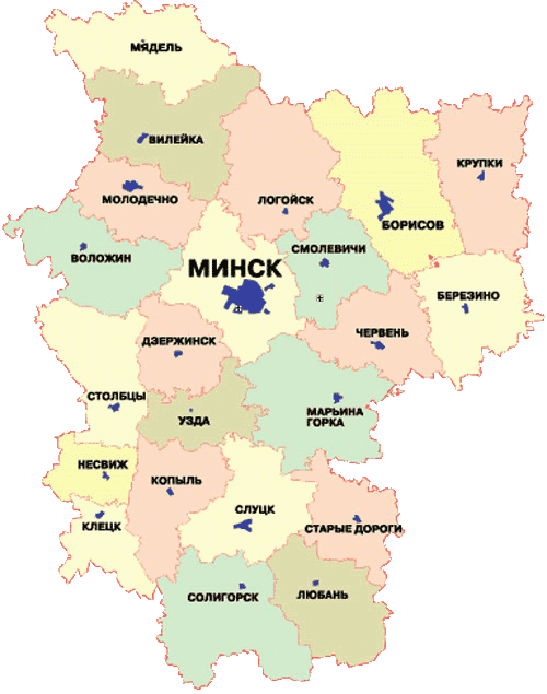 Карта Минской области с обозначением городов, где выполняются демонтажные работы